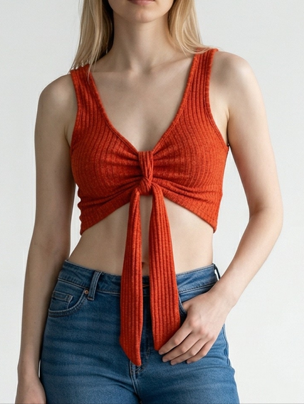 SHEIN Red Ribbed Tie-Front Crop Top